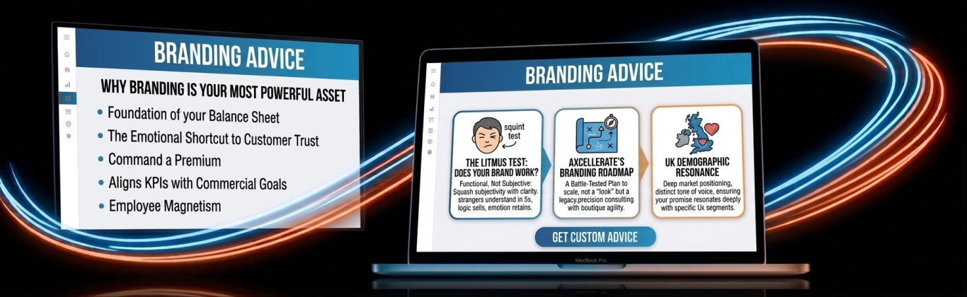 Presentation slide with key points on a laptop, featuring text and icons.